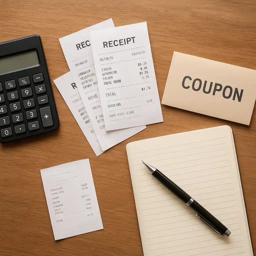 Desk flat lay with calculator, receipts and coupon envelope