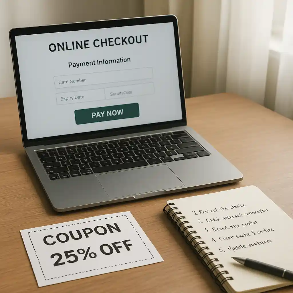 Laptop checkout page and printed coupon with troubleshooting notes