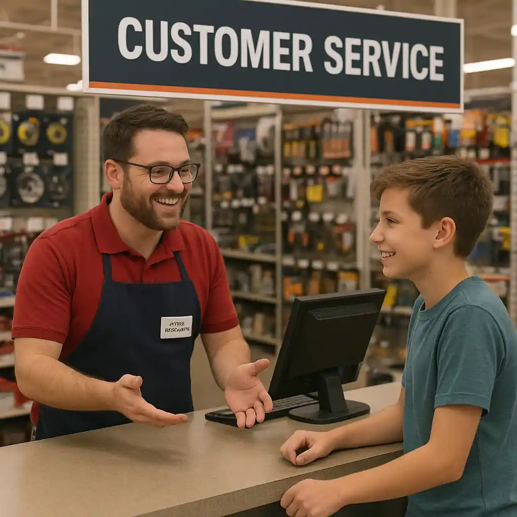Home Depot employee helping a student at customer service to resolve a discount denial