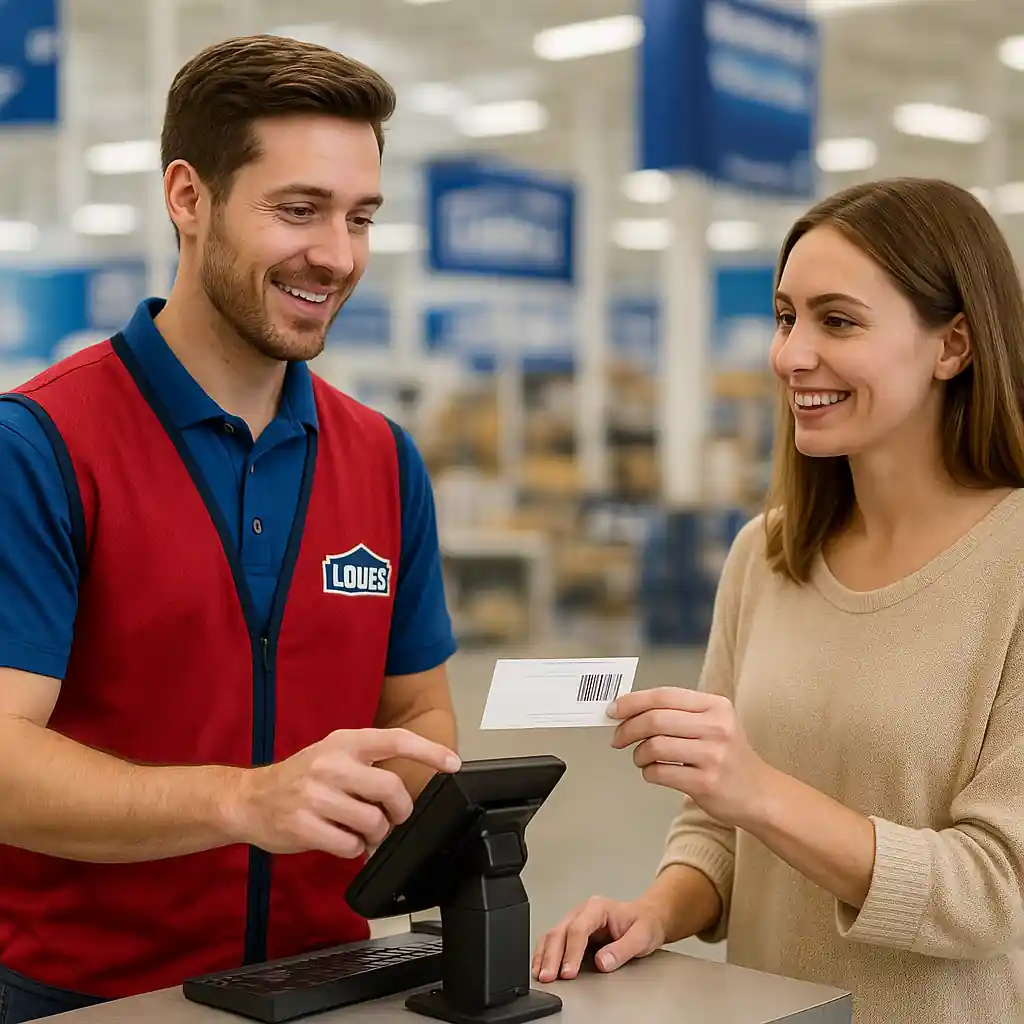 Customer and cashier scanning a physical coupon at Lowe's register