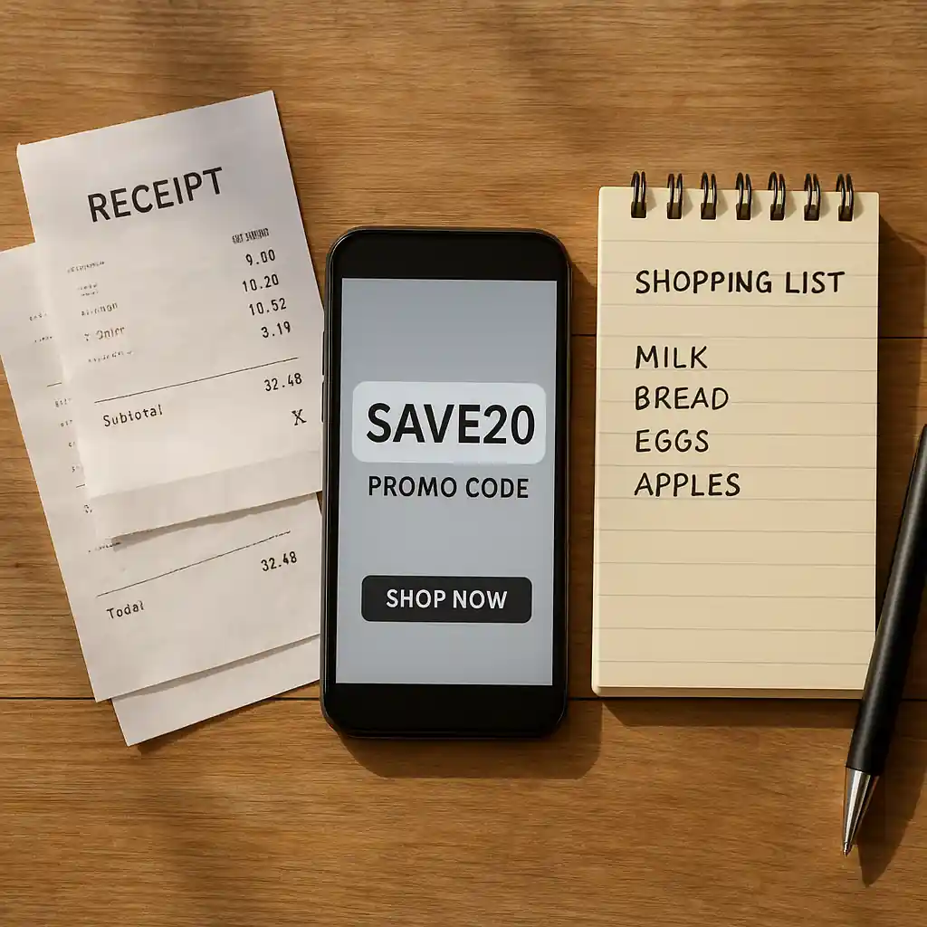 Receipts and smartphone screenshot showing Home Depot 20 Off coupon details