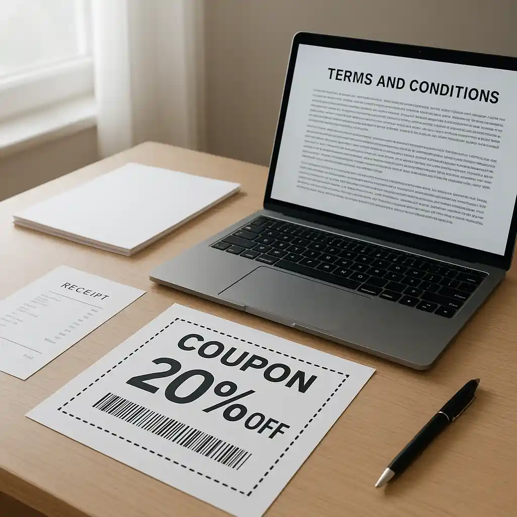 Printed Lowes coupon 10, receipt, and laptop showing coupon terms and conditions