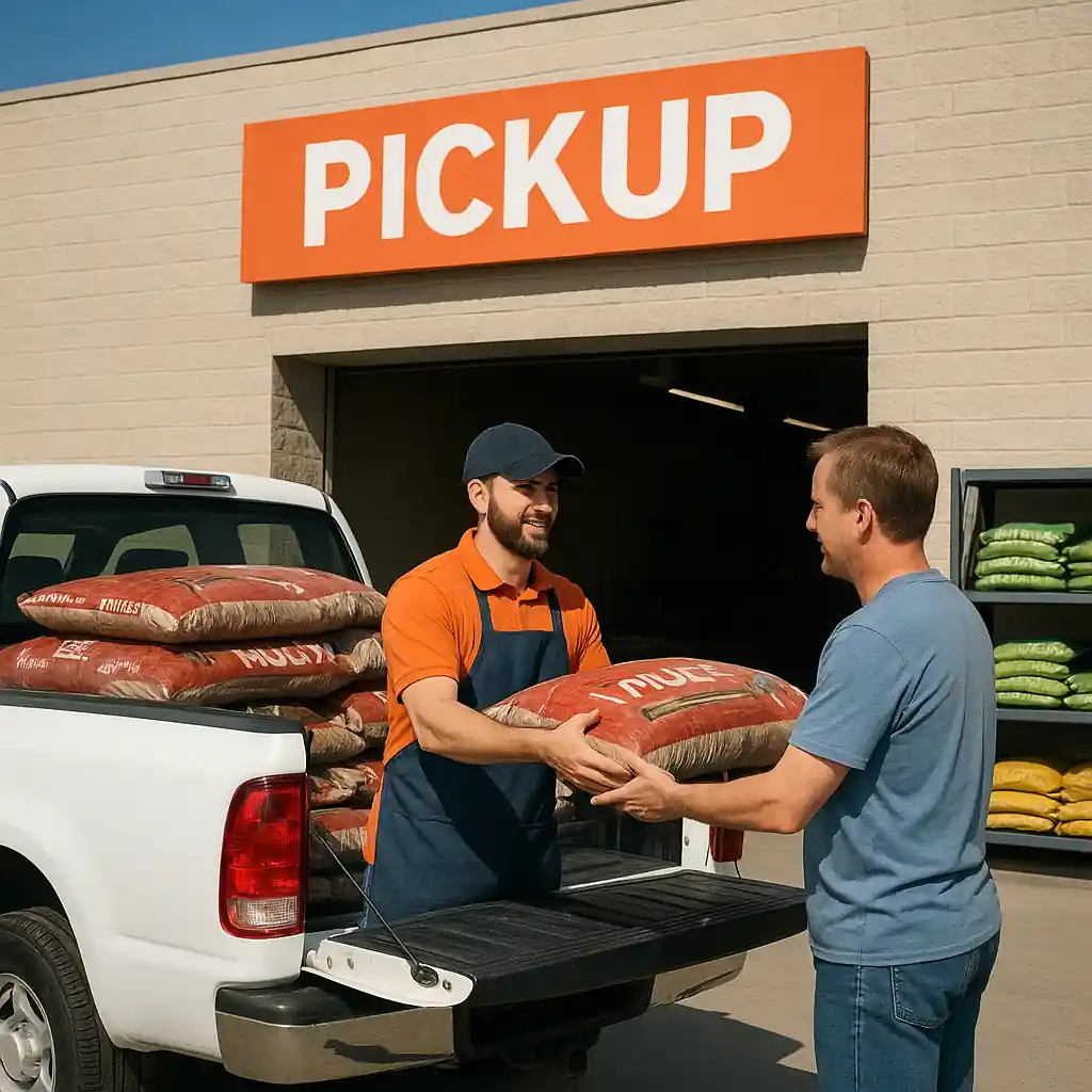 Customer loading mulch bags into a truck at store pickup during a mulch sale