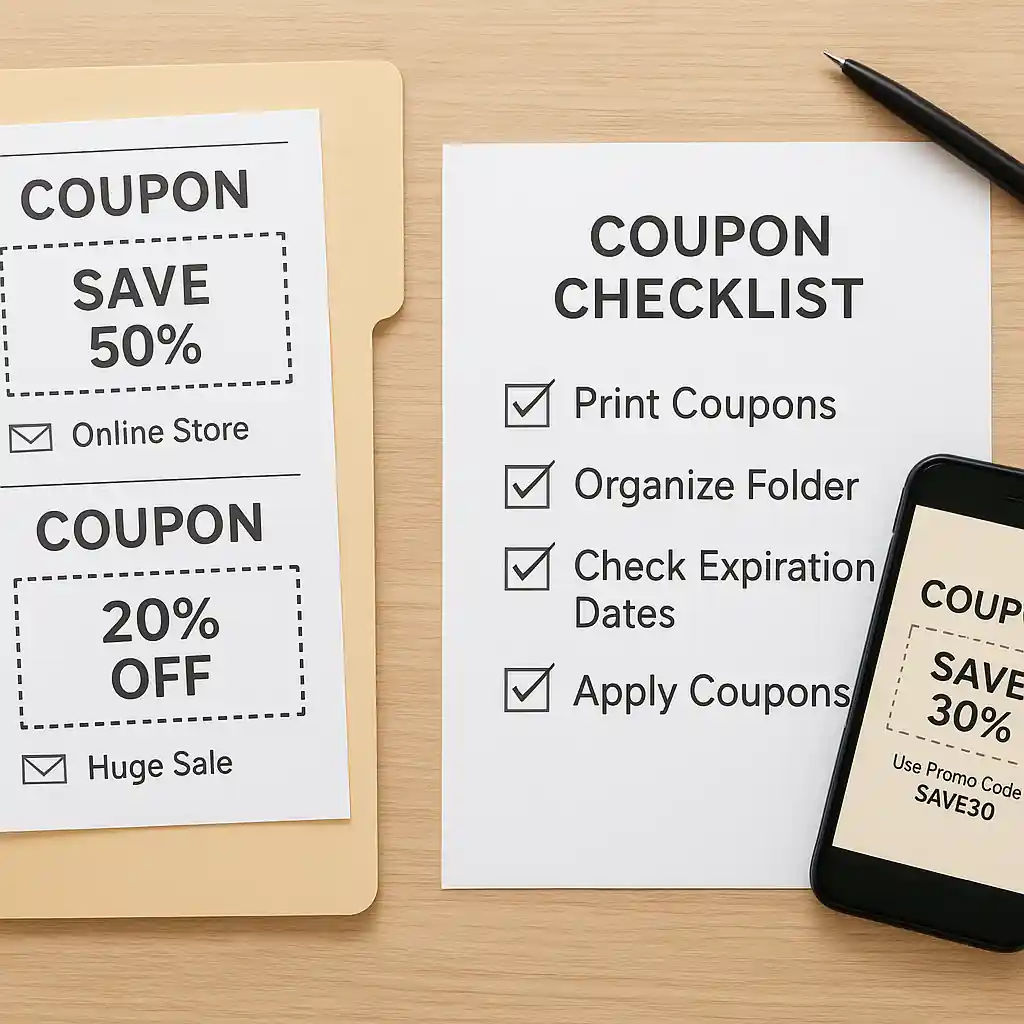 Printed coupon emails, a paper checklist, and a smartphone showing a Lowe's coupon