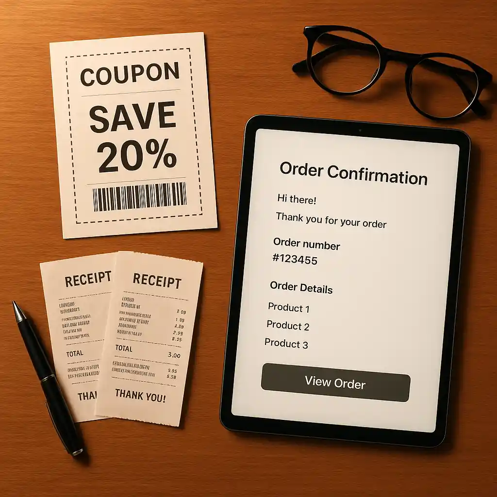 Receipts and printed 10 off lowes coupon beside an order confirmation on a tablet