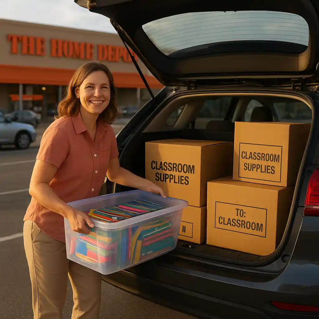 Teacher loading classroom storage bins into a car in Home Depot parking lot after shopping