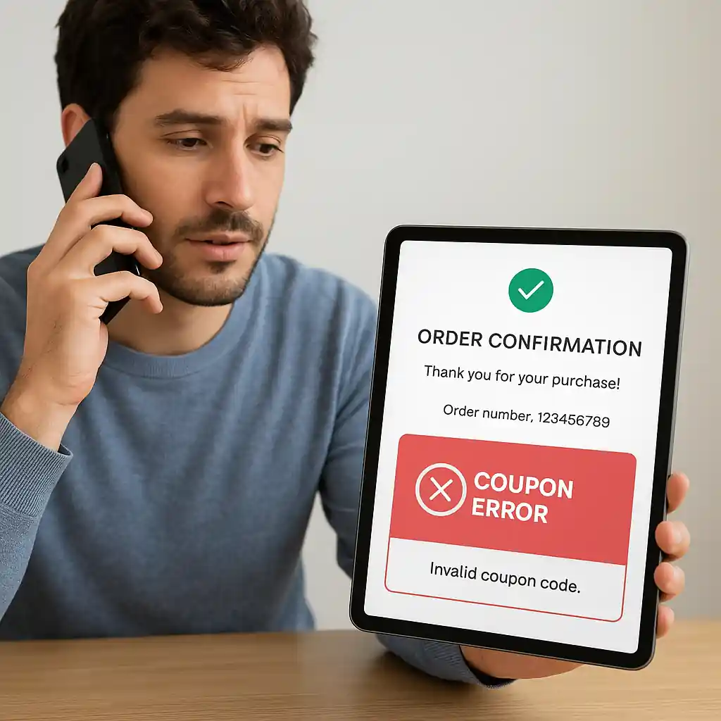 Contacting Lowe's support with order details and failed coupon error on tablet