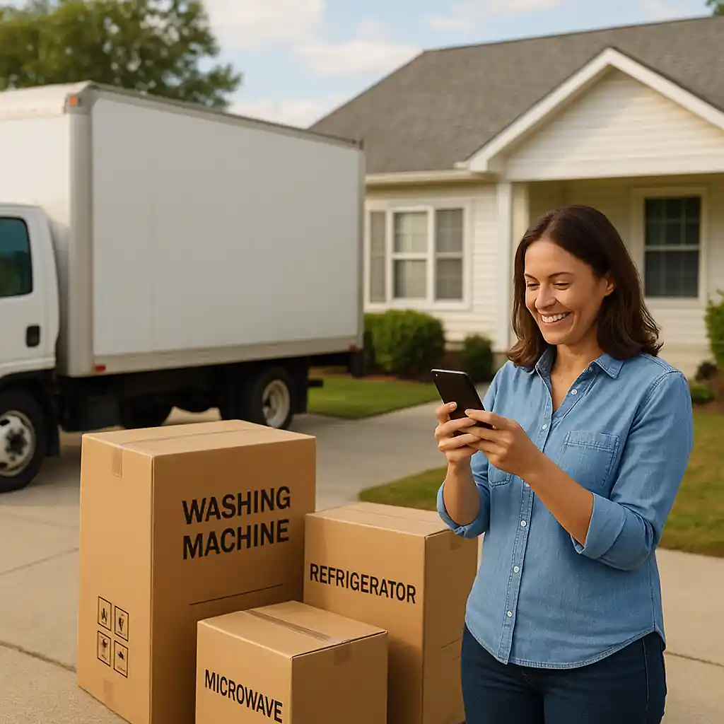 Homeowner checks Lowe's delivery order confirmation as an appliance is delivered