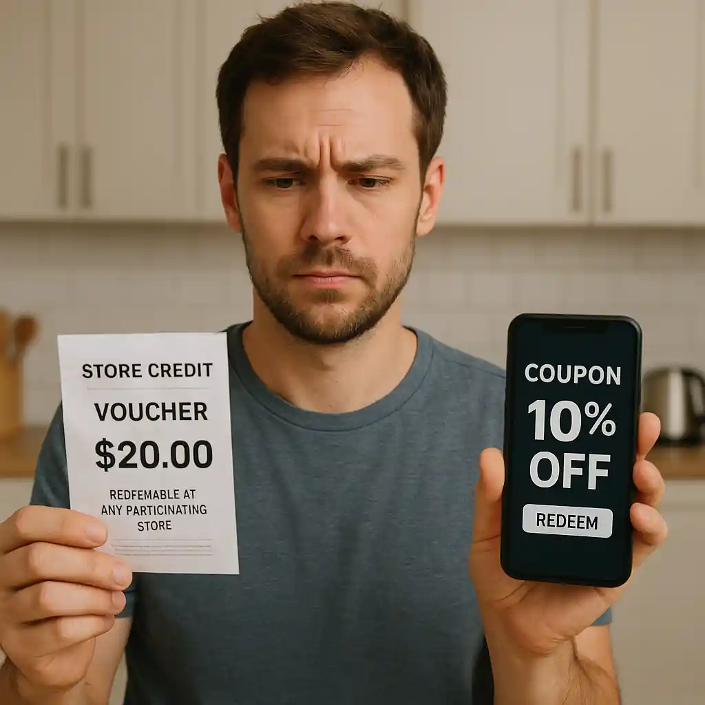 Consumer comparing a printed store credit voucher and a 10 off coupon shown on a phone