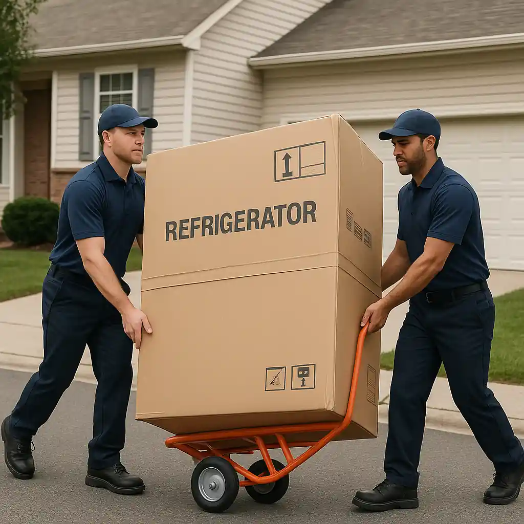 Two delivery technicians carrying a boxed refrigerator toward a suburban home on a hand truck