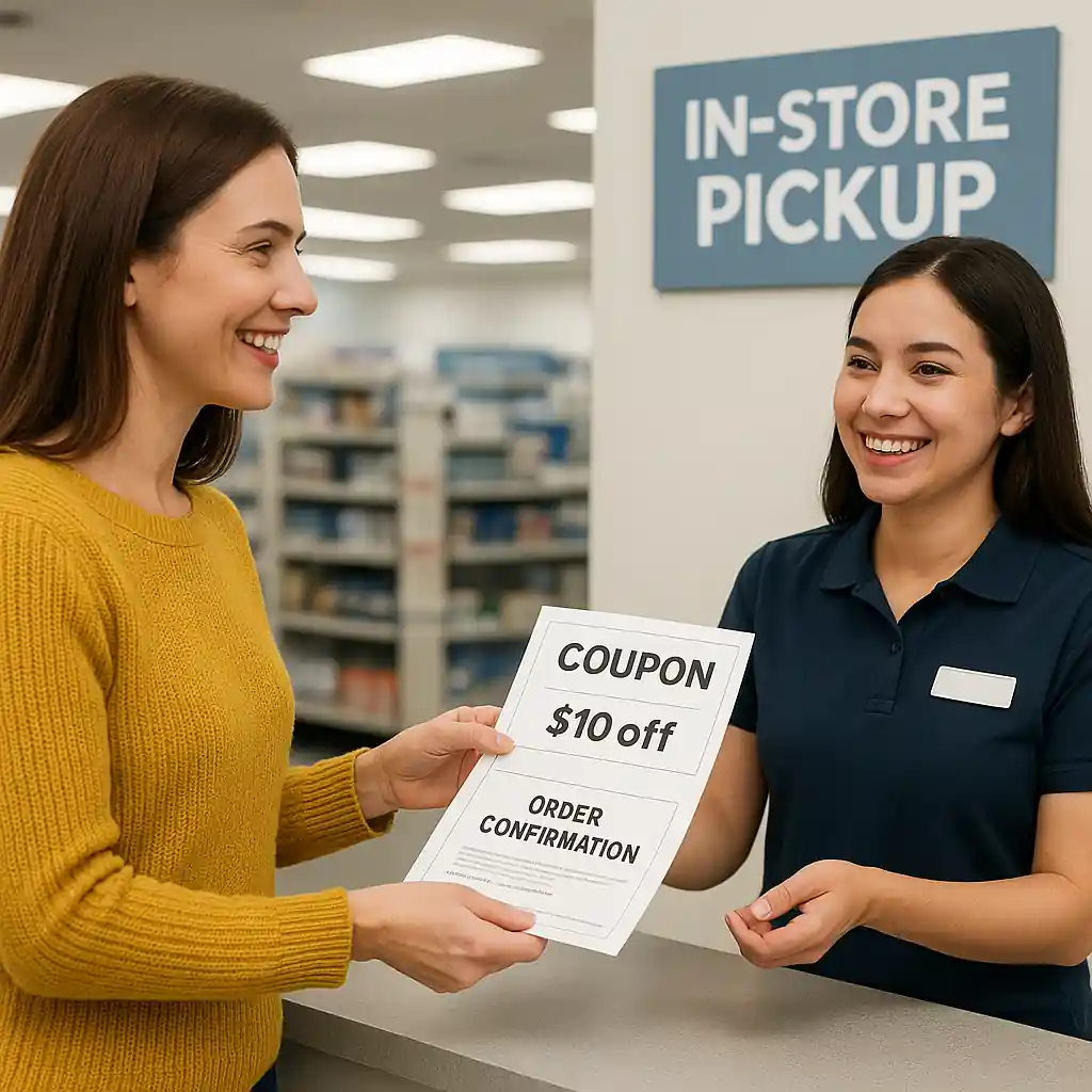 Customer presenting printed coupon and order confirmation at Home Depot pickup counter