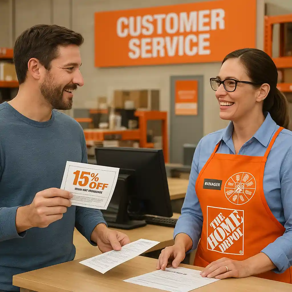 Customer discussing coupon verification with a Home Depot manager at customer service desk