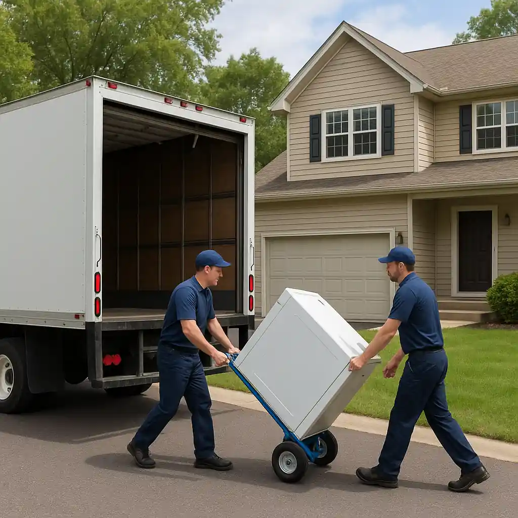 Home Depot delivery truck and crew delivering a large appliance to a customer's house