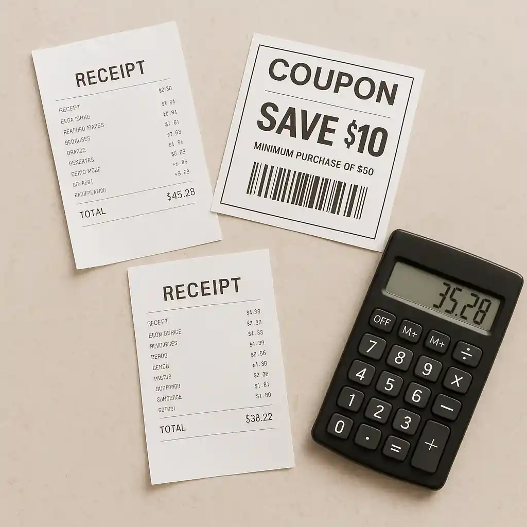 Homeowner comparing a printed coupon and receipts to calculate Home Depot savings