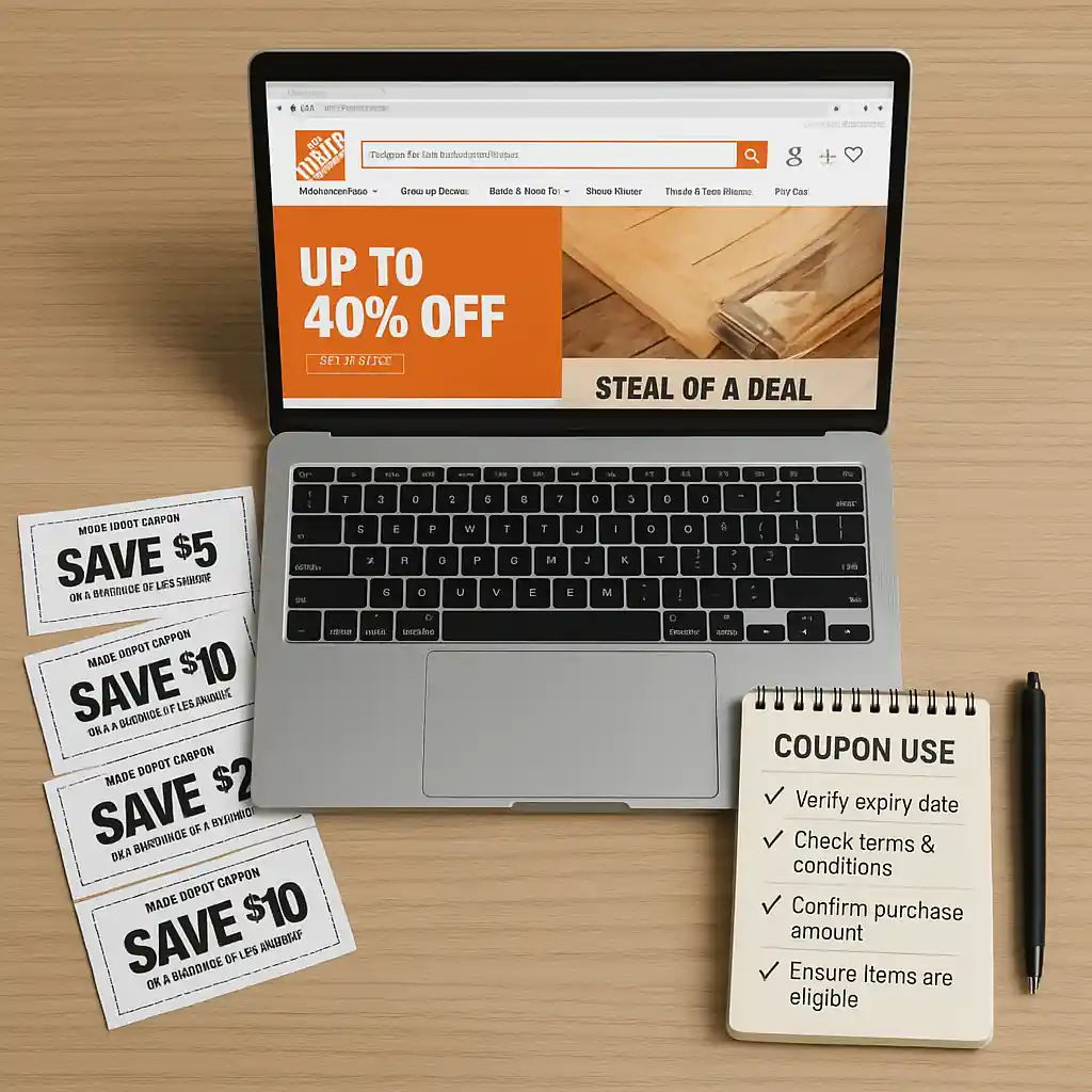 Printed coupons next to a laptop open to HomeDepot.com and a checklist for verifying printable coupons
