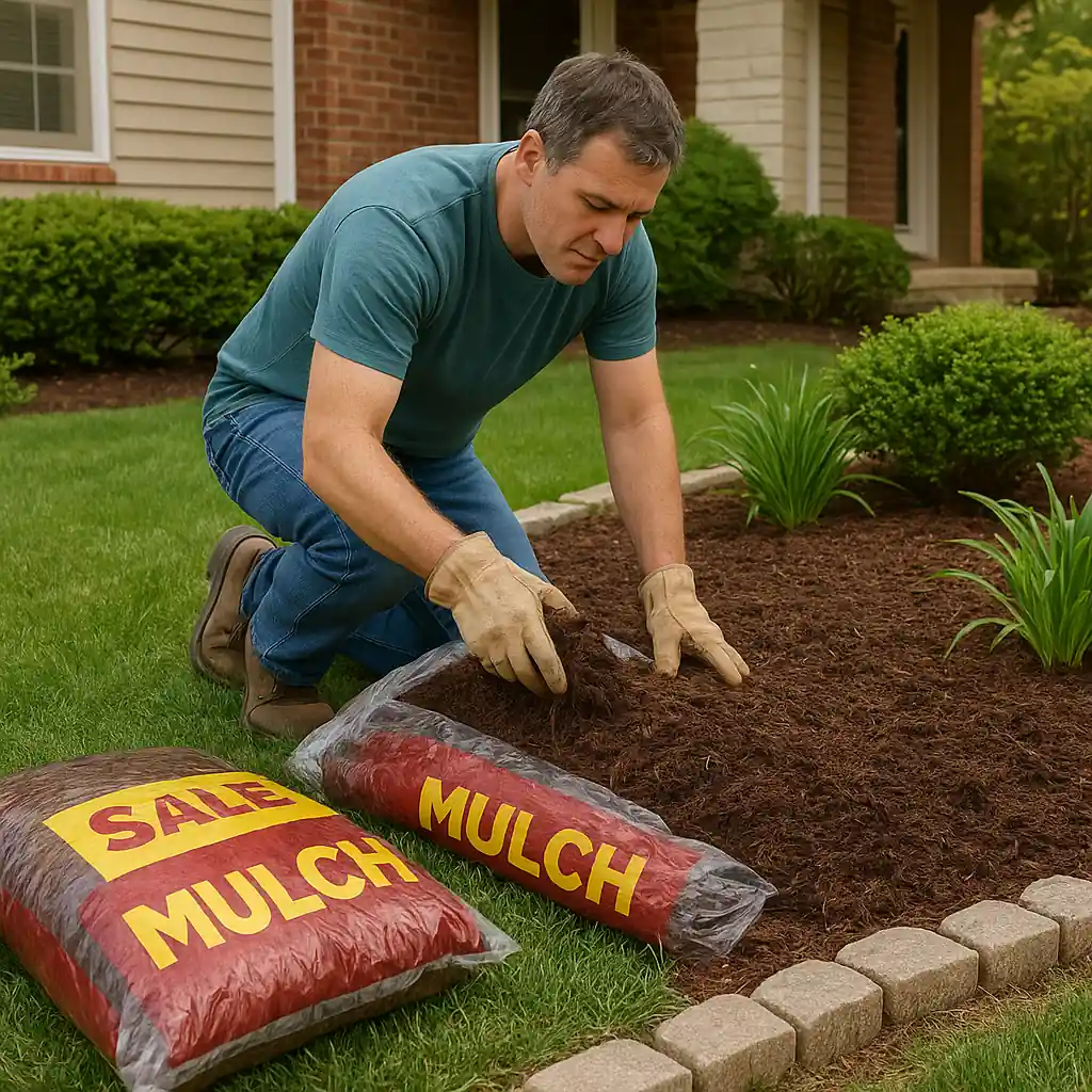 Homeowner spreading mulch bought during a mulch sale around a garden bed