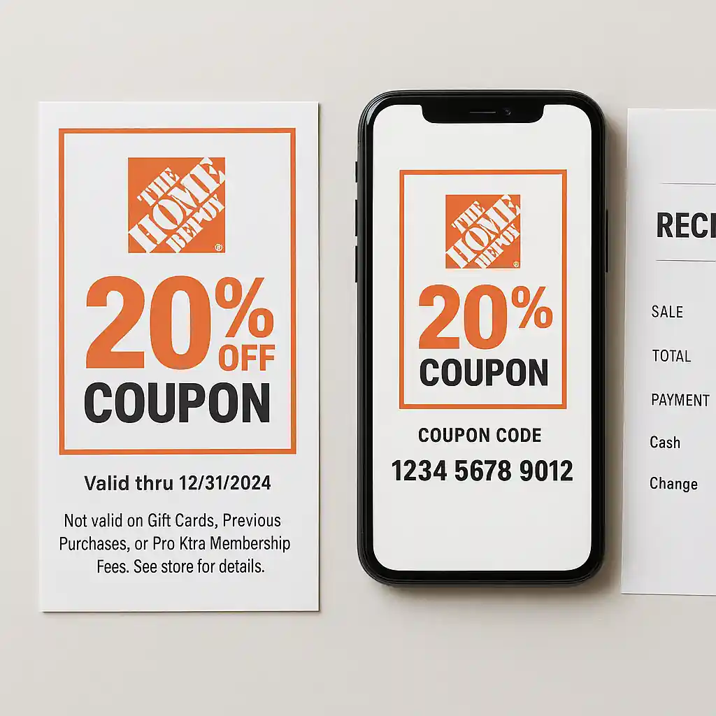 Printed 20 percent off Home Depot coupon beside smartphone showing coupon and receipt