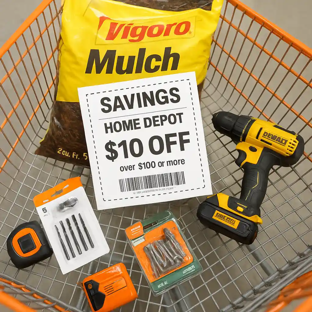 Shopping cart with eligible items and a Home Depot 10 off coupon visible on top