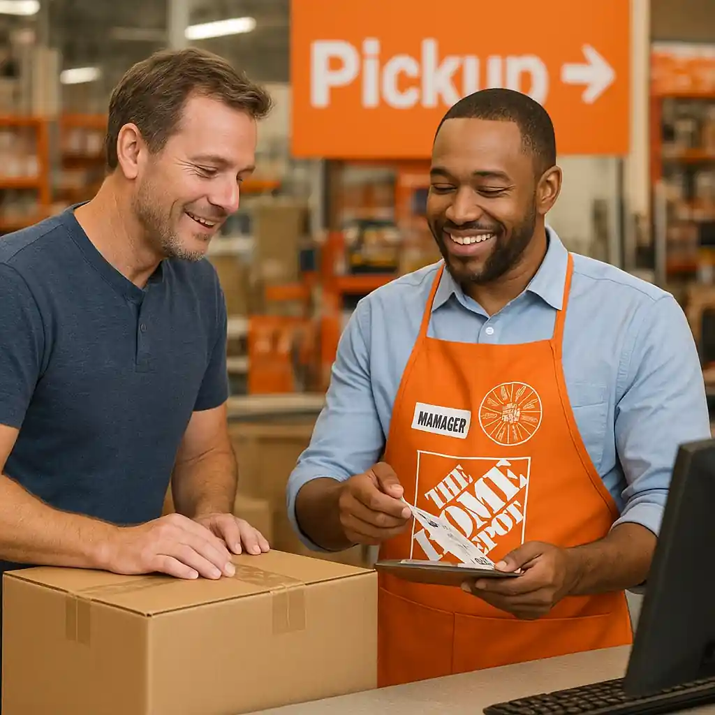 Store manager helping a customer redeem a coupon at the Home Depot pickup counter
