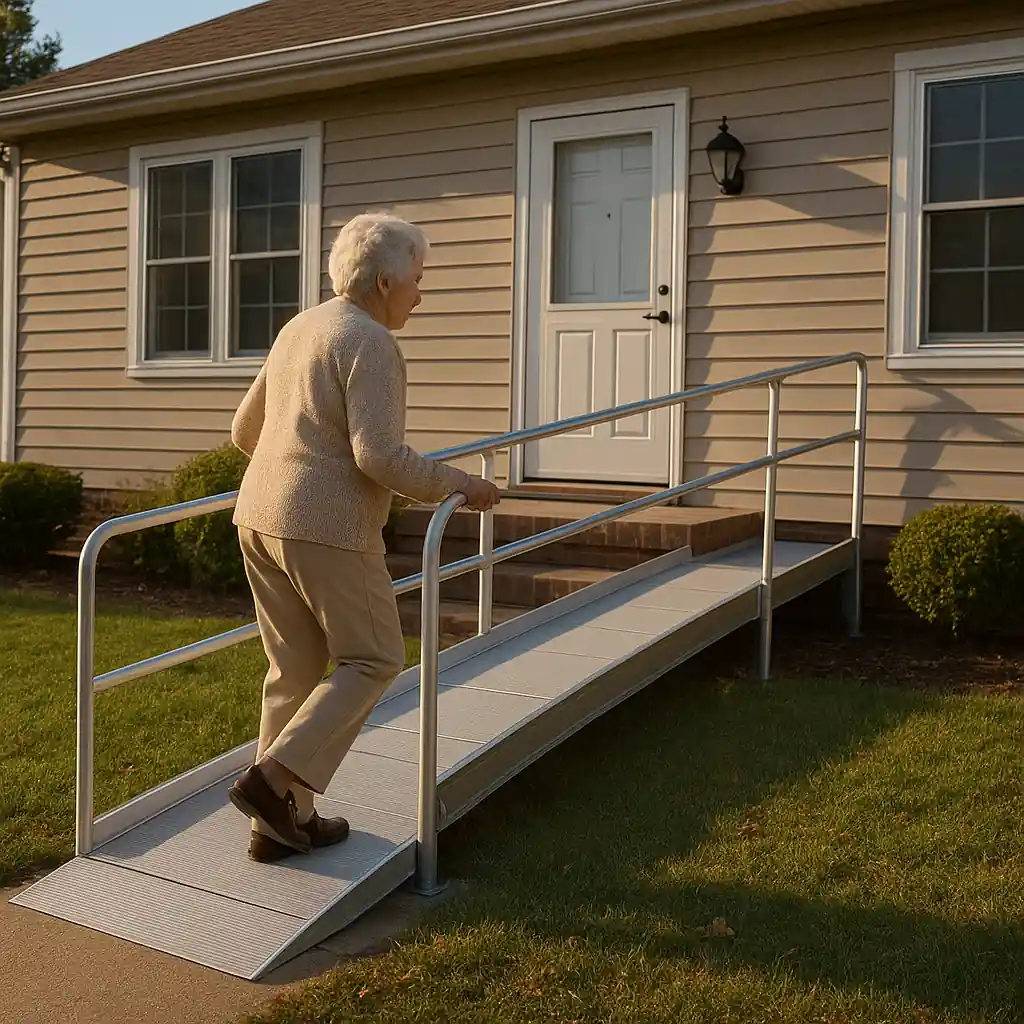 Senior using a newly installed home accessibility ramp