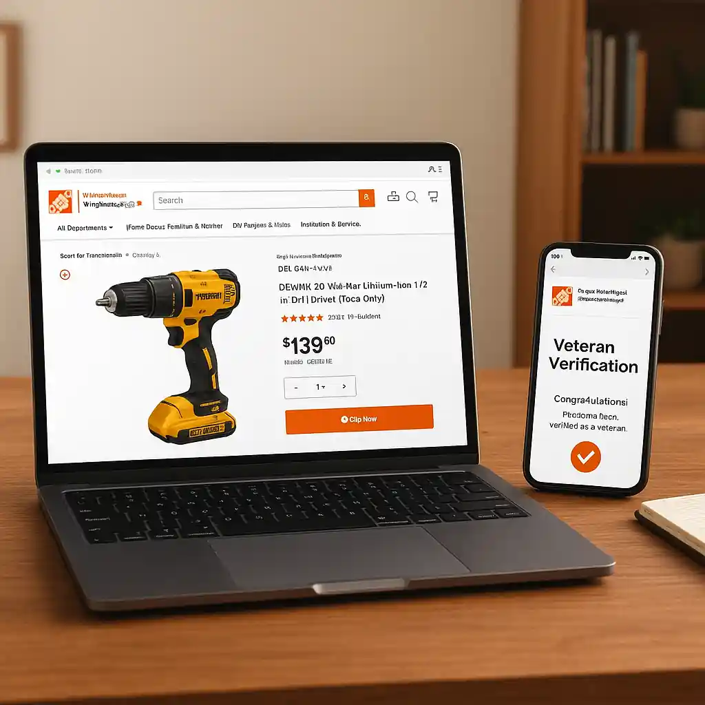 Laptop showing Home Depot product page with phone displaying verification confirmation for veterans discount