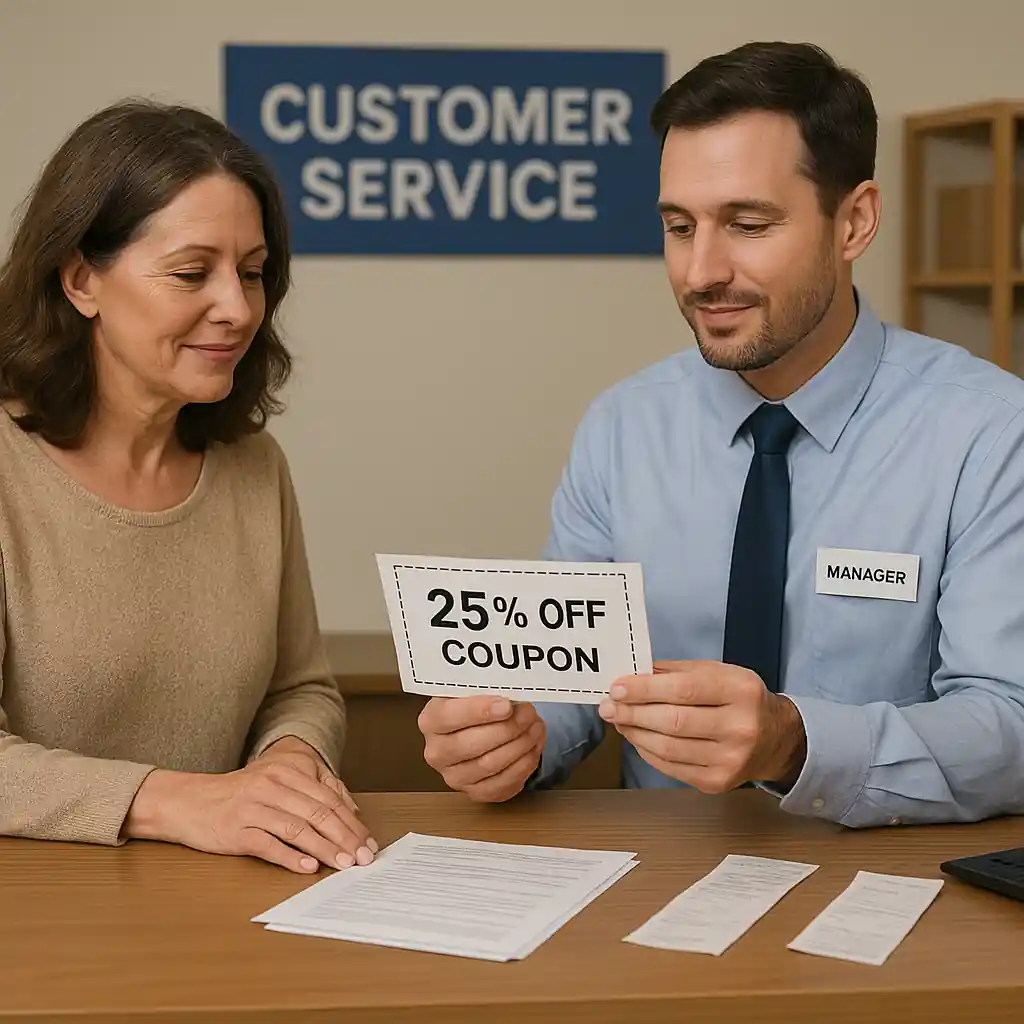 Store manager and customer reviewing a printed coupon and receipts at the customer service desk