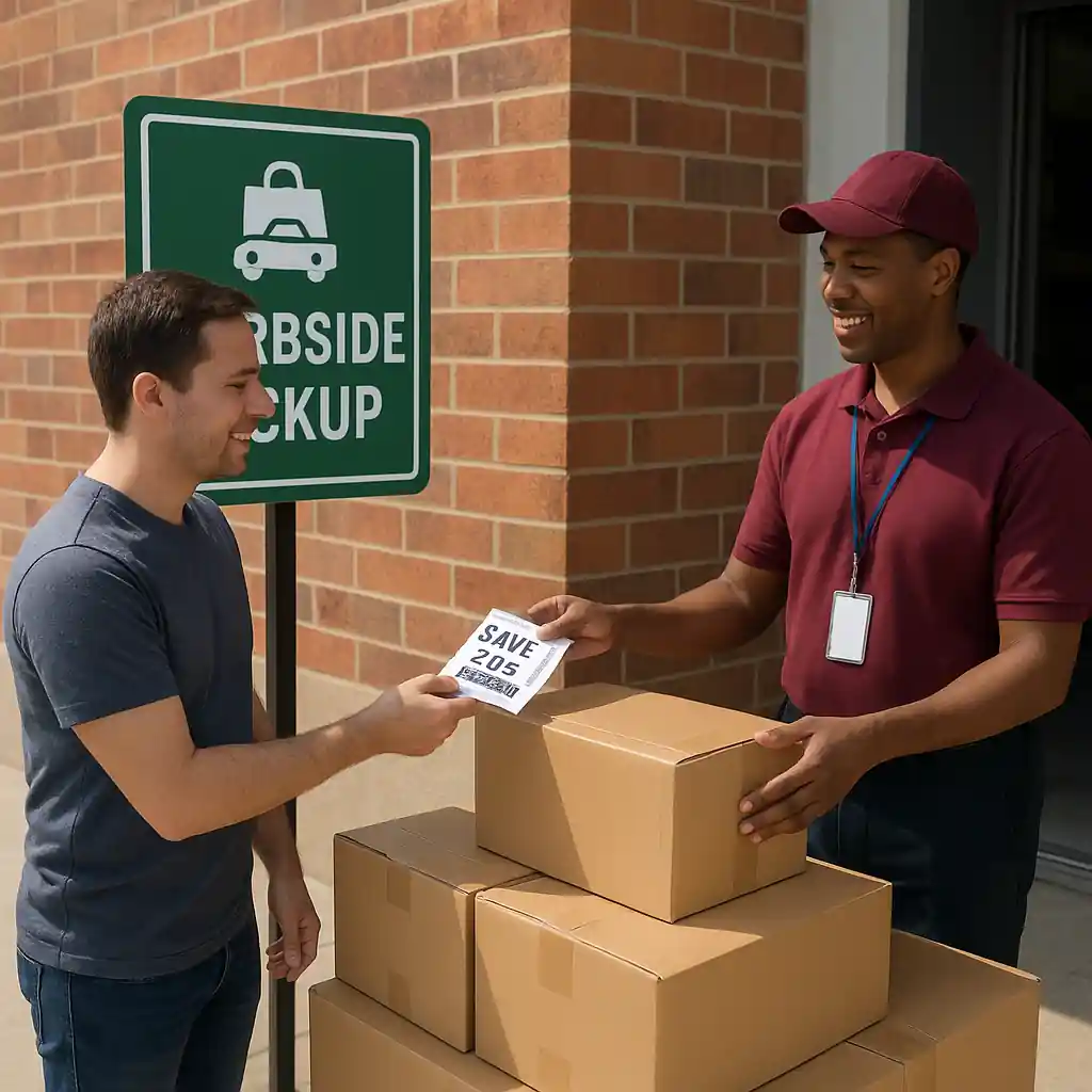 Customer presenting a printable coupon at Home Depot curbside pickup for order discount