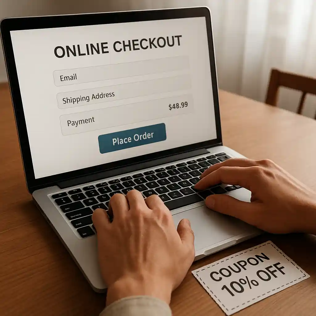 Online checkout with printable coupon beside laptop showing intent to apply a 20 percent off offer