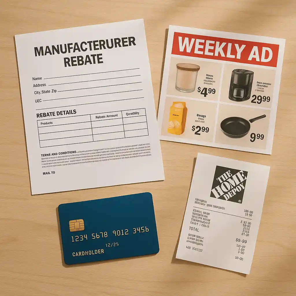 weekly ad, rebate forms and receipt arranged for stacking savings and checkout planning