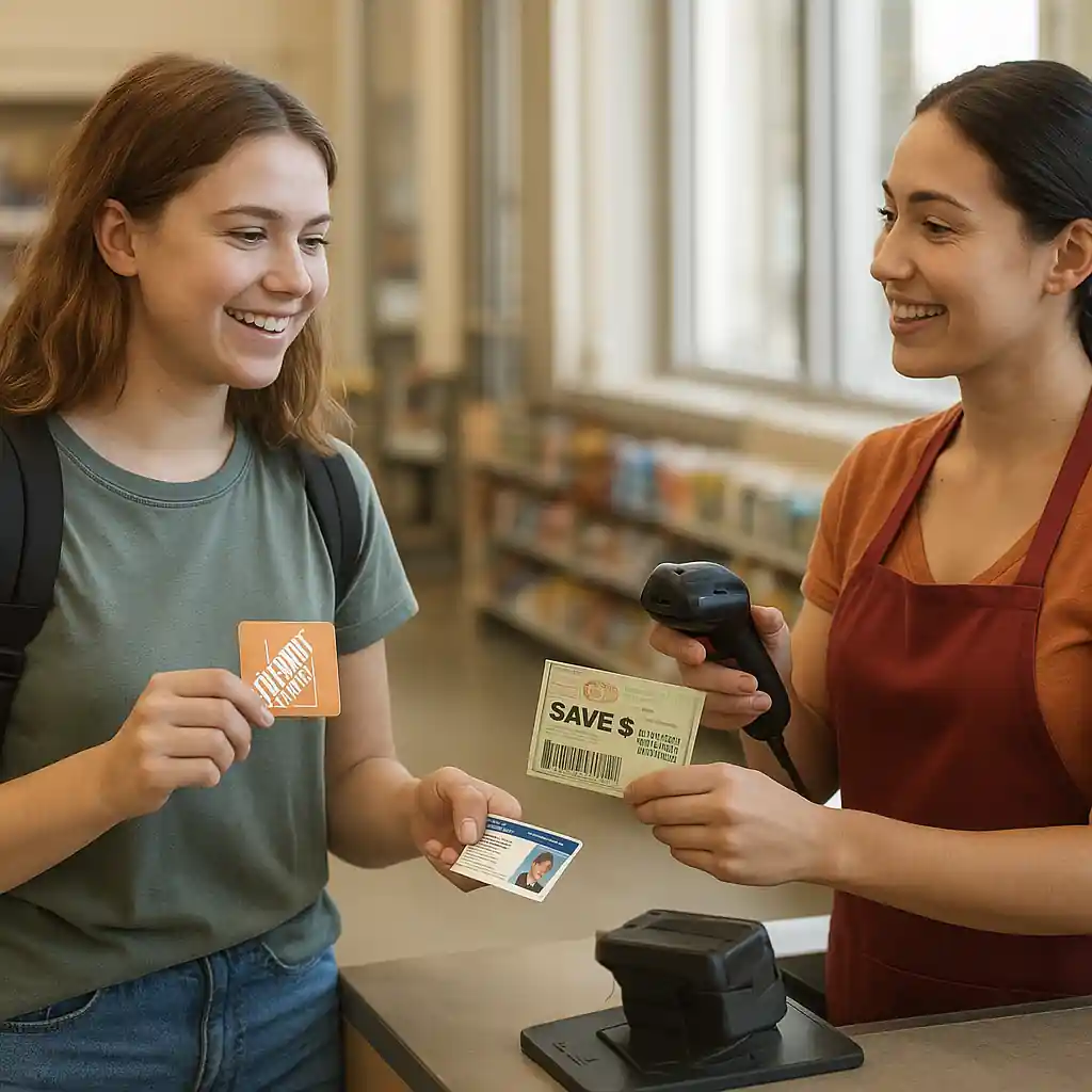Student at Home Depot checkout presenting a gift card and coupon