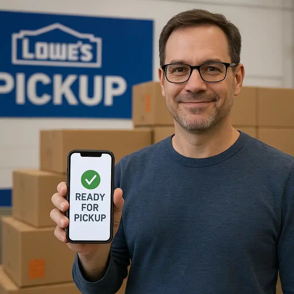 Shopper at store pickup with smartphone confirmation and boxed items awaiting pickup