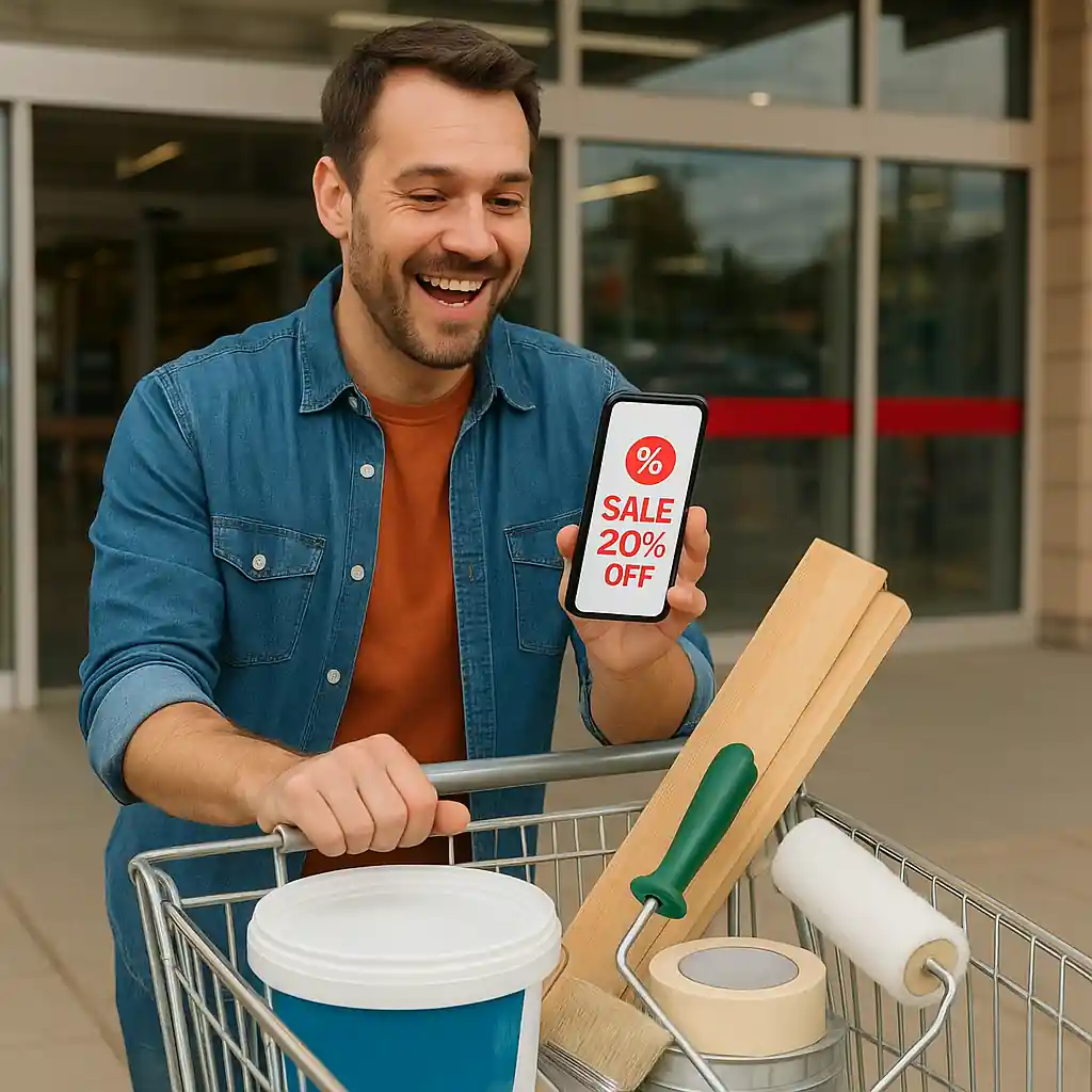 Homeowner with cart of DIY supplies checking app discount notification at Home Depot