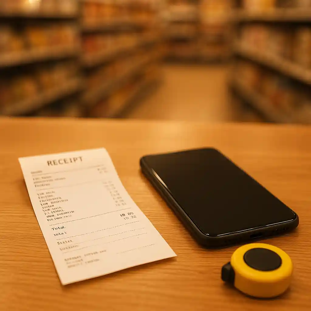 Receipt and phone on a checkout counter while confirming a price