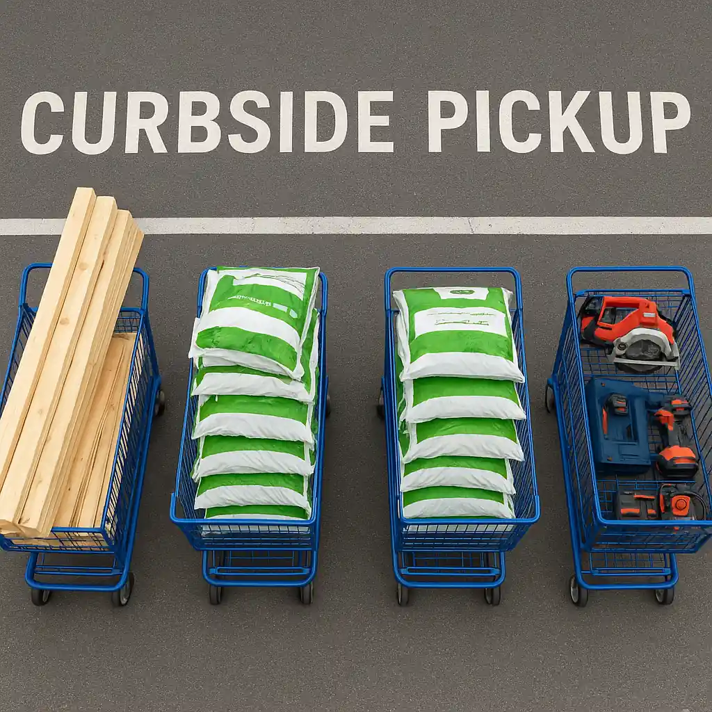 Carts with lumber, soil bags, and tools ready for curbside pickup during a holiday sale