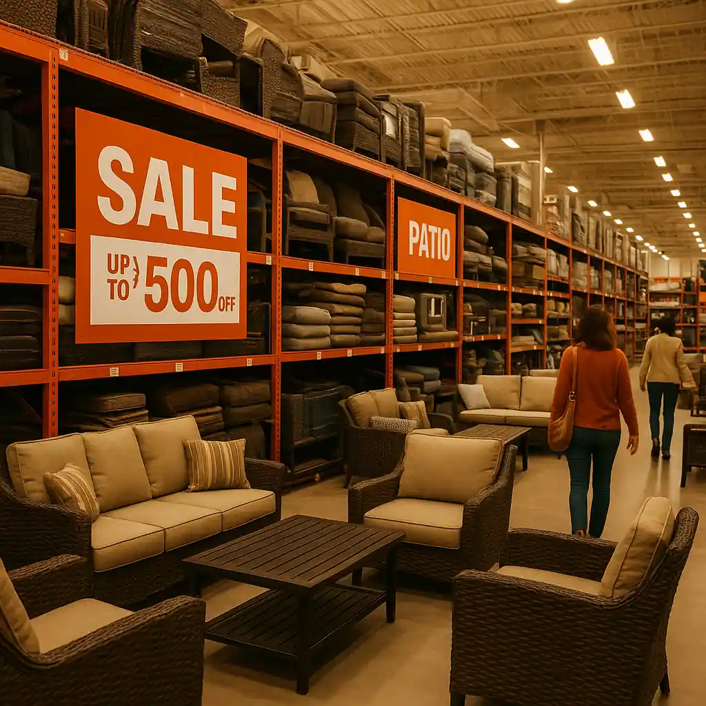 Aisle view of discounted patio furniture sets displayed for a holiday sale