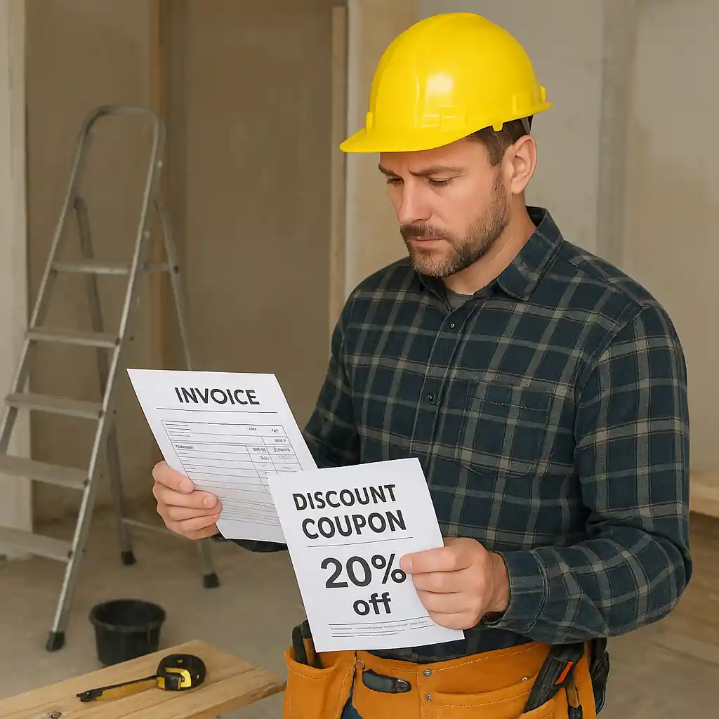 Contractor comparing promo codes and invoices on a renovation job