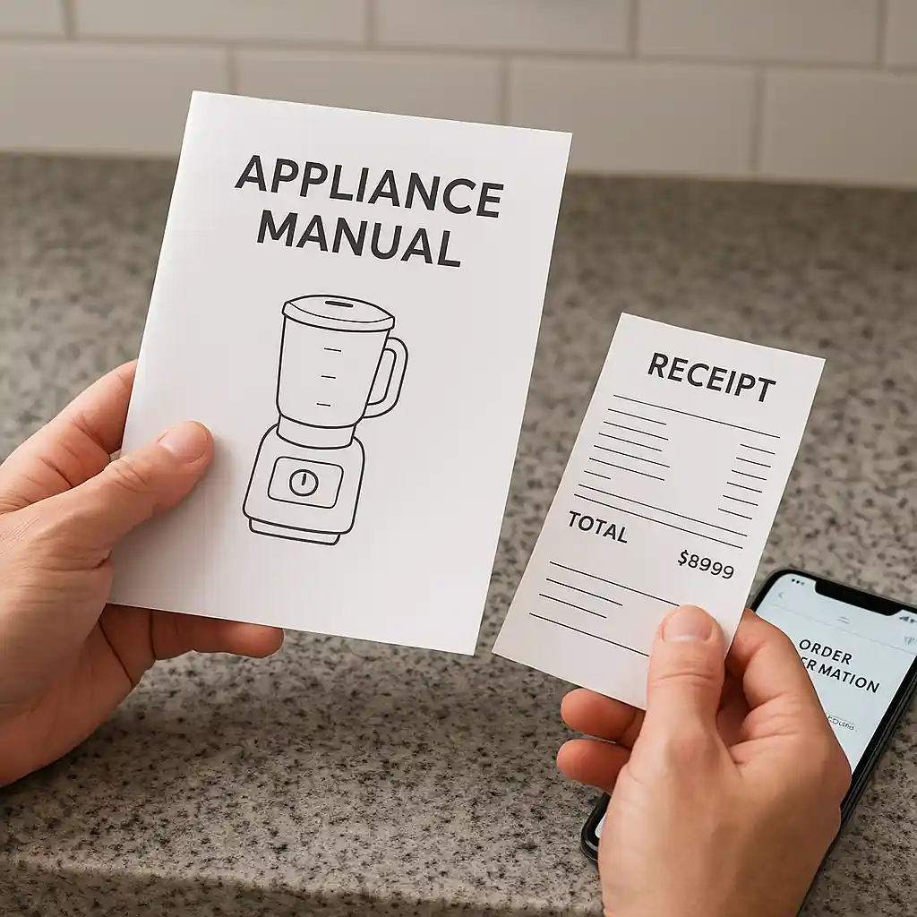 Receipt, manual, and confirmation email for an appliance purchase and discount