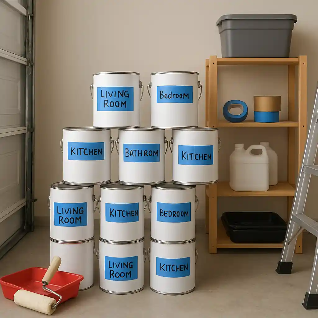 Organized storage of paint gallons and supplies highlighting careful preparation for a sale purchase
