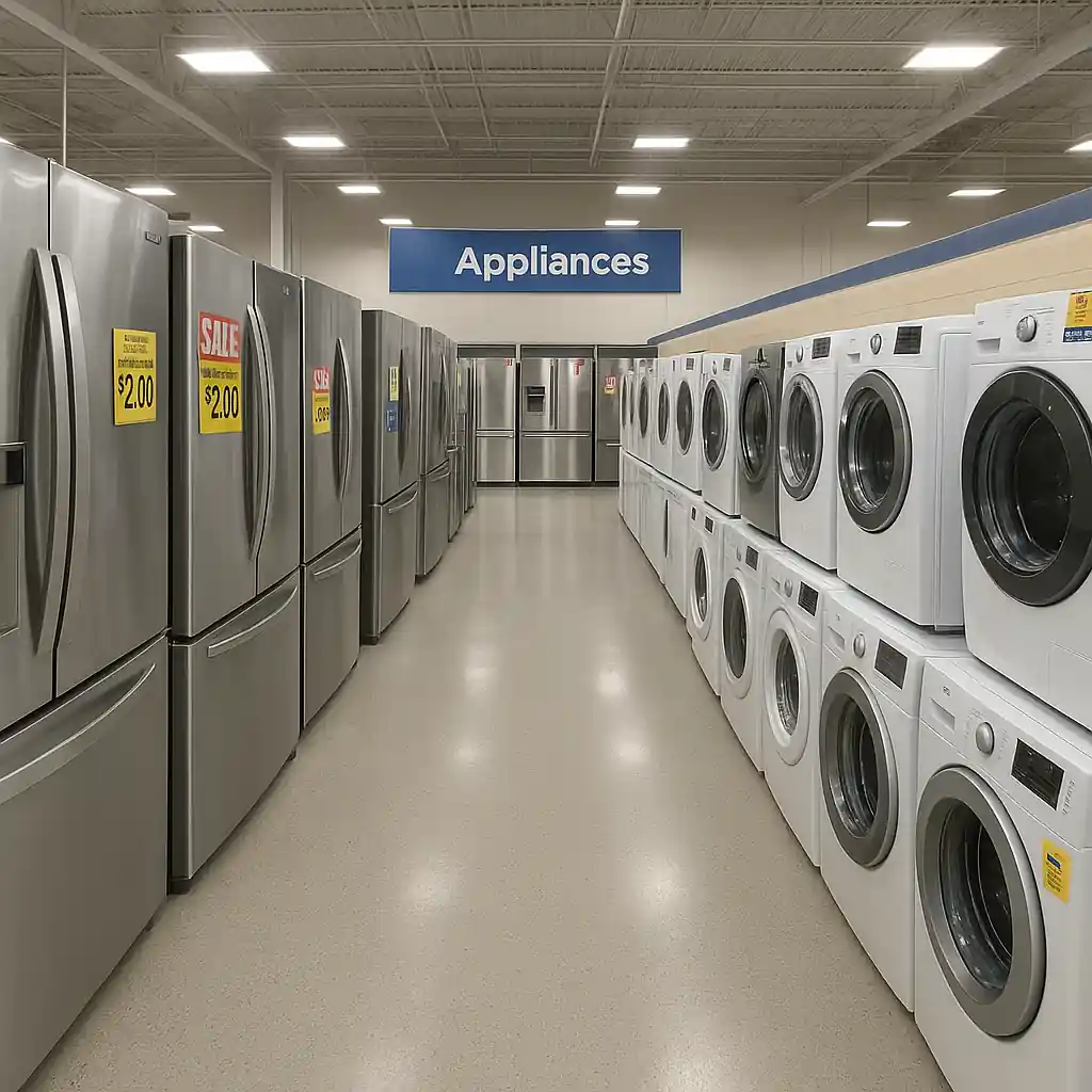 appliance display with sale labels and promotional price tags