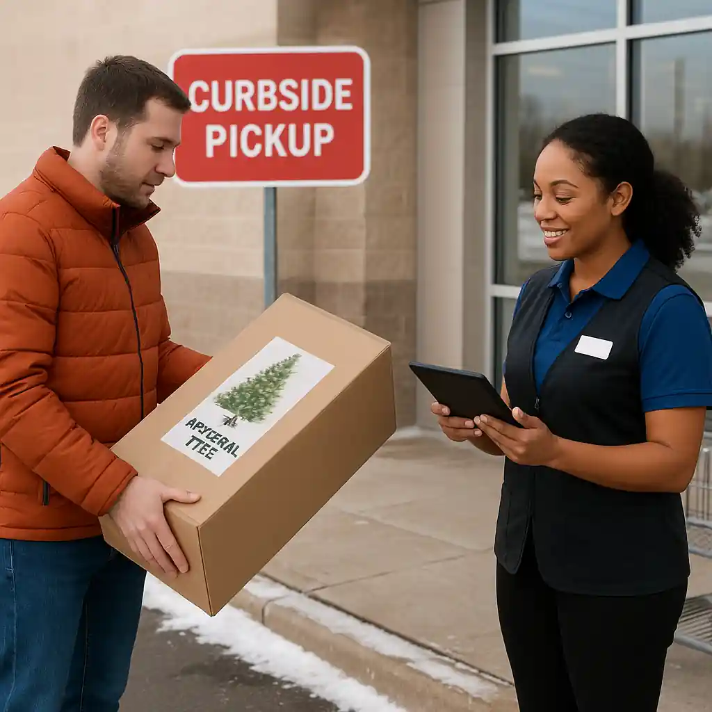 Customer checking a boxed artificial tree during Home Depot Christmas clearance curbside pickup