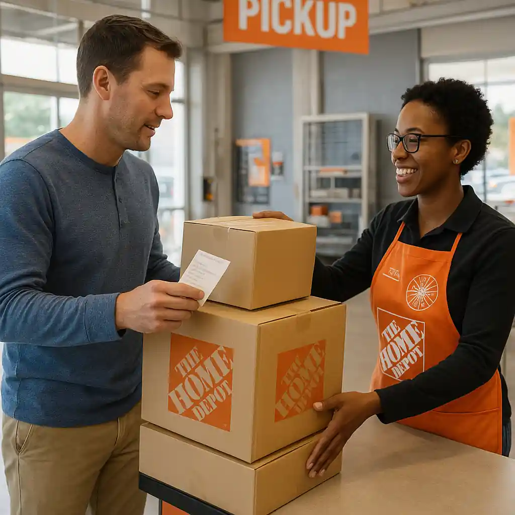 Customer picking up an order at Home Depot pickup counter with receipt in hand