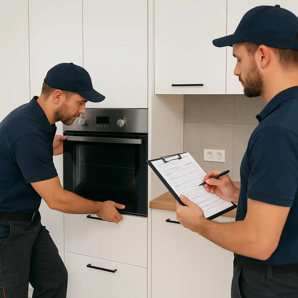 Technician installing oven and recording serial numbers to secure rebates and warranty after a Home Depot appliance discount purchase