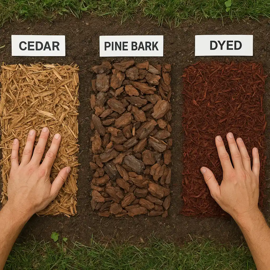 Comparison of mulch types including cedar and pine bark for landscape projects with Home Depot mulch sale bags nearby