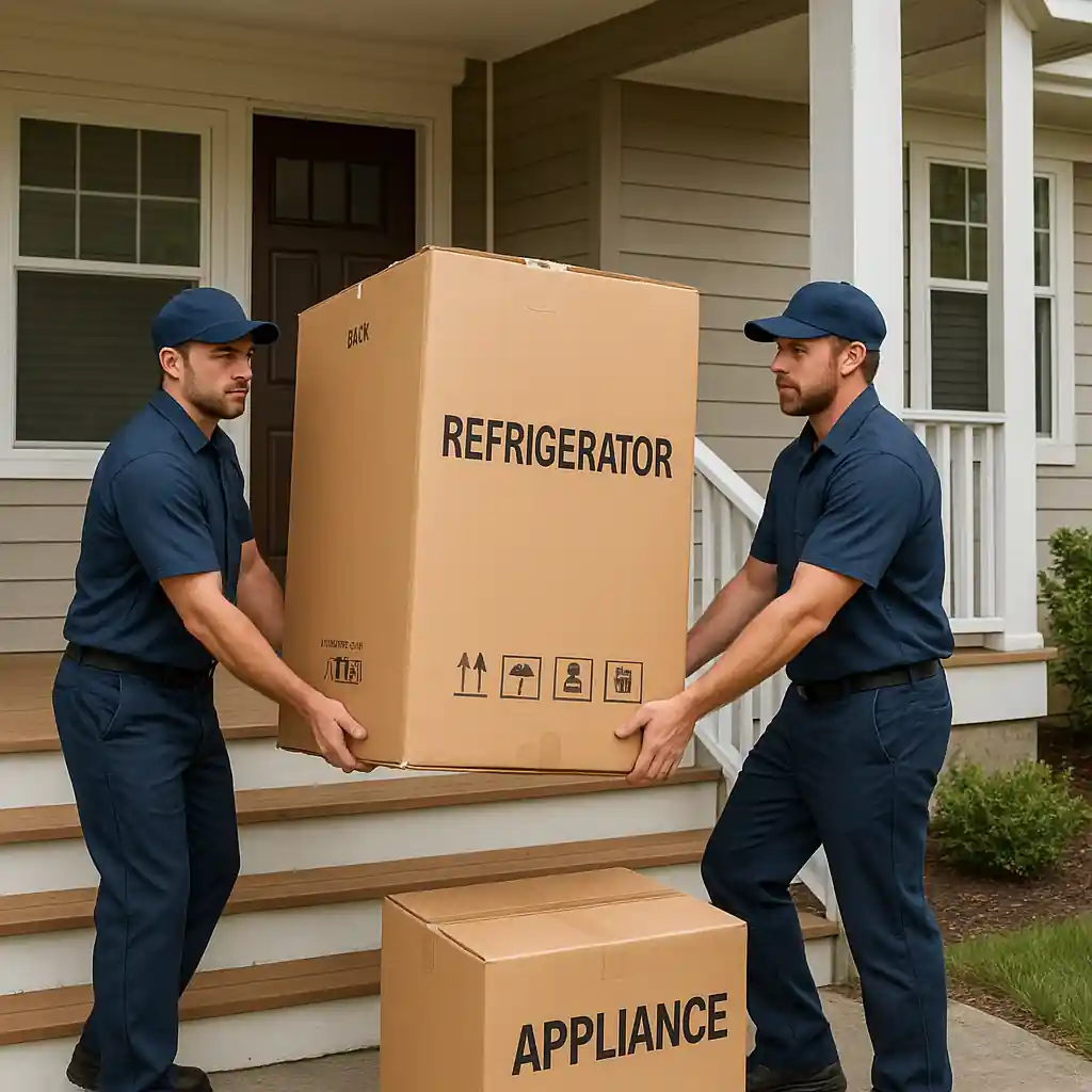 Delivery team bringing a new appliance to a home