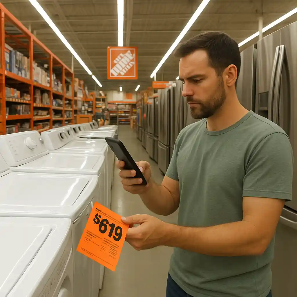 Customer comparing appliance prices with smartphone in Home Depot aisle