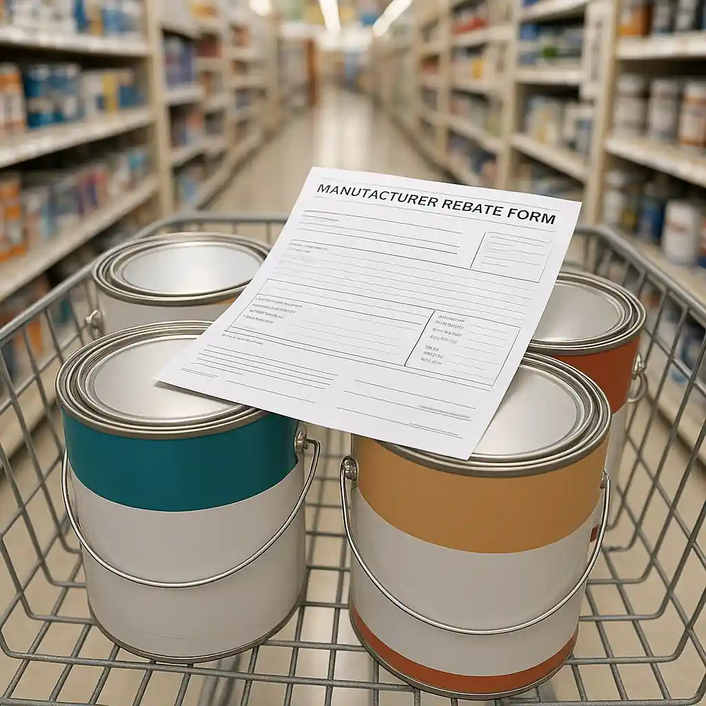 Receipt and rebate form placed on paint cans in a shopping cart during a Home Depot paint sale