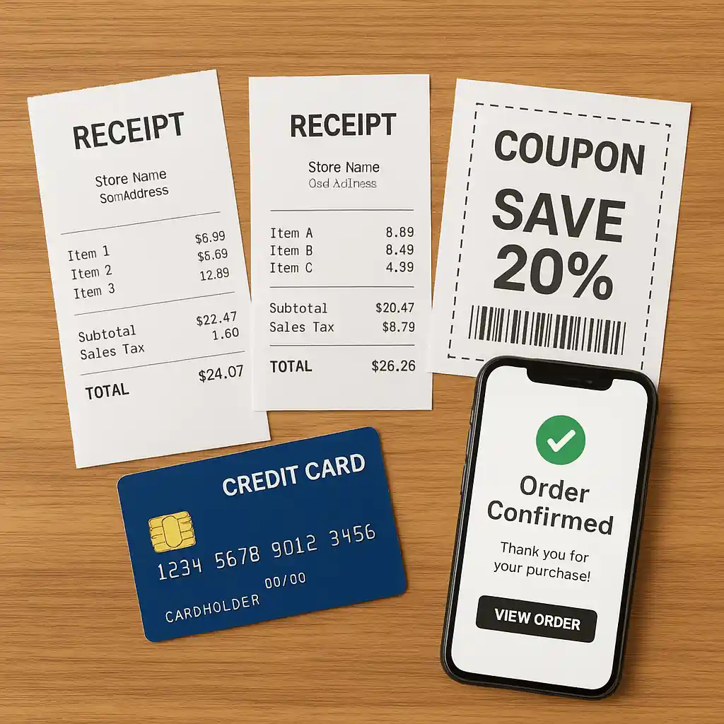 Receipts, coupon, and order confirmation showing the result of successful stacking or alternative savings