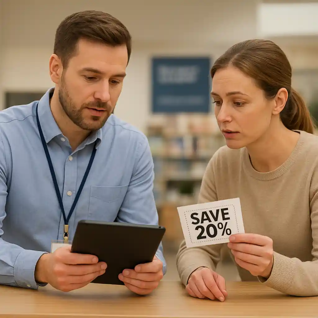 Store manager assisting a shopper to resolve a coupon issue at customer service