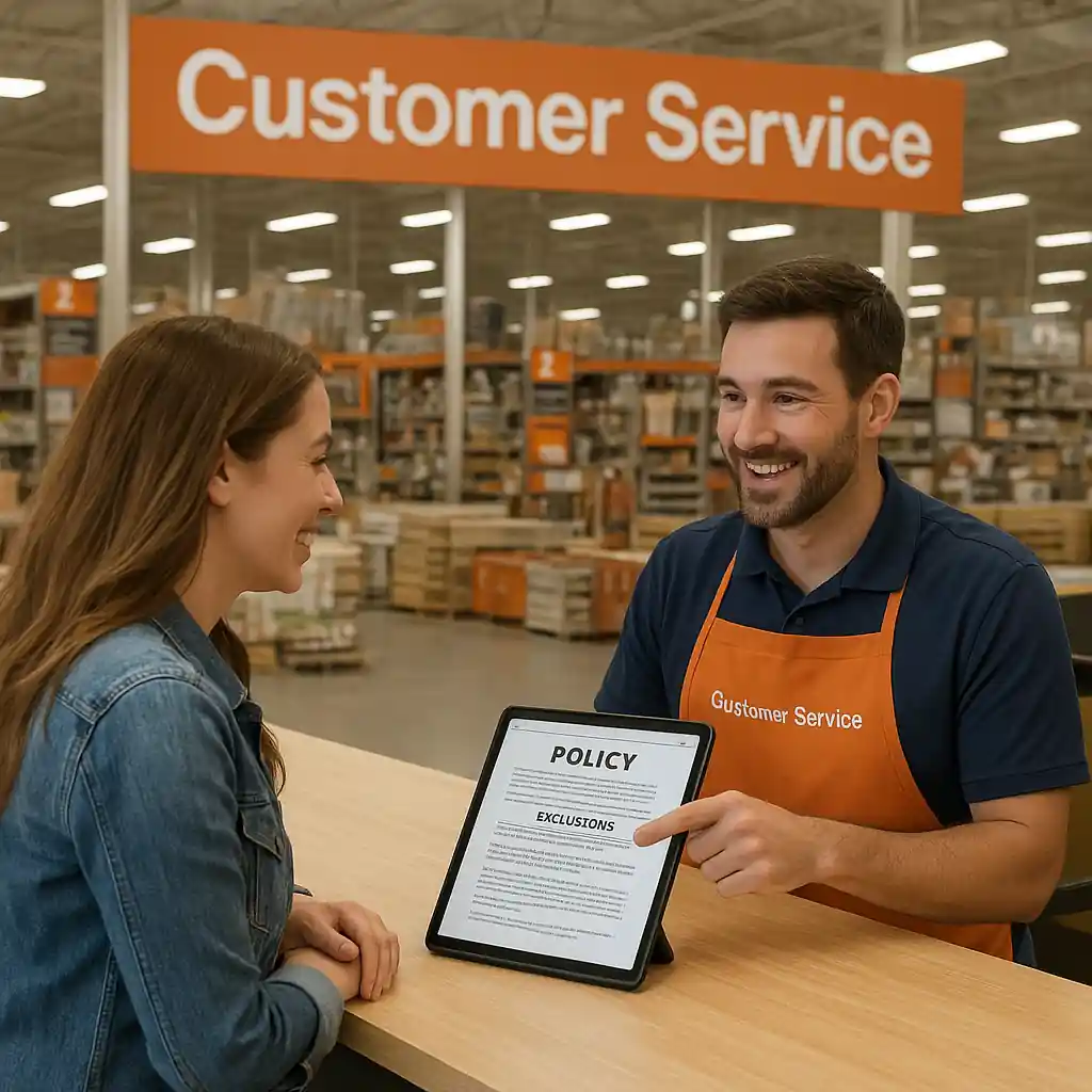 Home Depot associate explaining veterans discount exclusions on a tablet