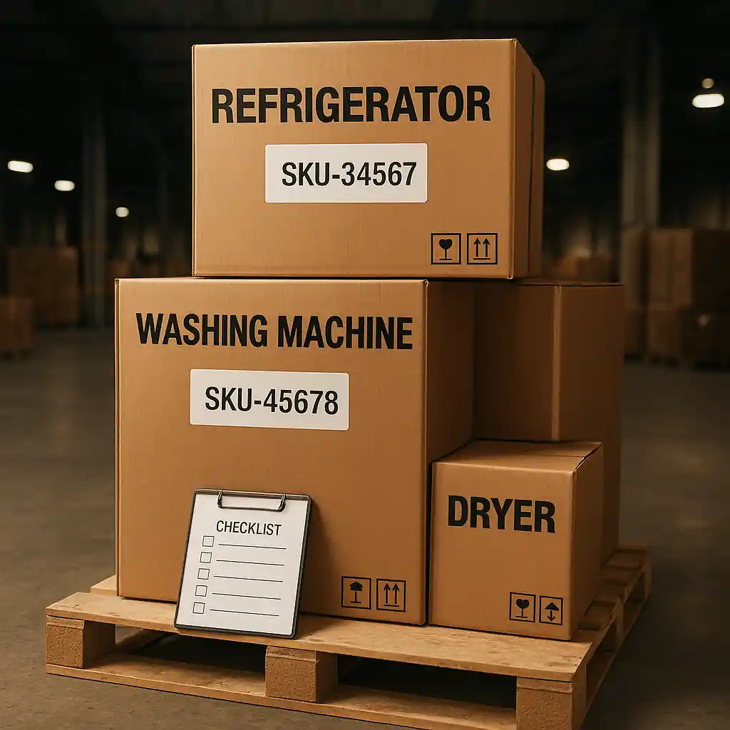 Warehouse staging for appliance delivery showing stacked boxes and a clipboard checklist